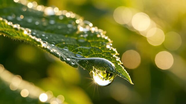Macro shot of a green leaf covered in morning dew drops, reflecting sunlight creating a sparkling effect, natural background