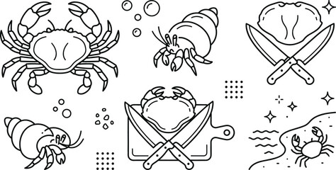 Seafood and marine life line art vector set featuring crabs hermit crabs crossed chef knives cutting board and beach shore © vector design 
