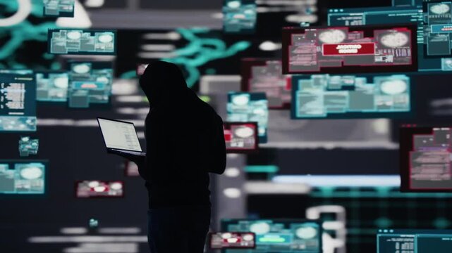 Cyber spy compromises secure networks with malware and computer viruses, creating an unauthorized digital intrusion involving hacking risk, data exposure and security threats.
