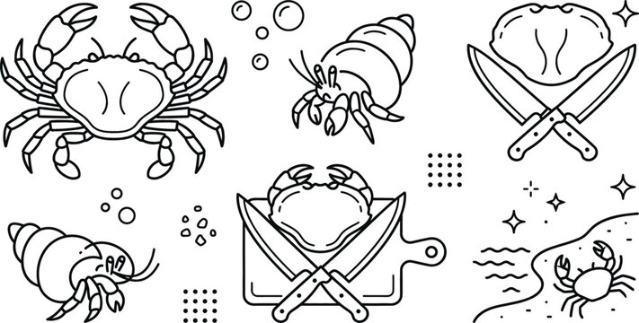 Seafood and marine life line art vector set featuring crabs hermit crabs crossed chef knives cutting board and beach shore