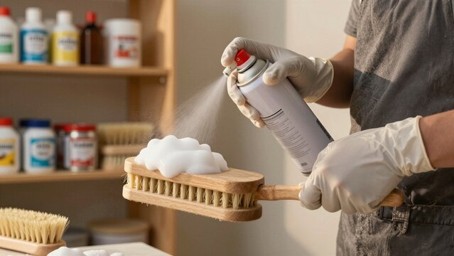 A person wearing gloves sprays foaming cleaner onto a wooden shoe brush, preparing it for thorough cleaning. Background shows organized storage of care products.