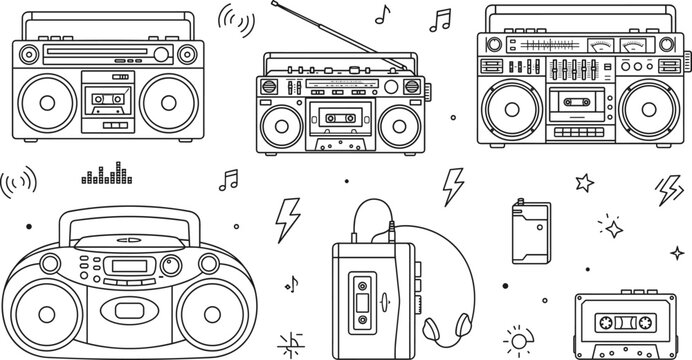 Vintage Retro Boombox and Cassette Player Vector Line Art Set with Music Elements