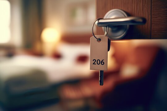Hotel Room Key with Number 206 Hanging on Door Handle.