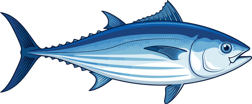 Blue tuna fish vector illustration isolated on white background skipjack seafood character icon for restaurant menu commercial fishing industry web graphic design