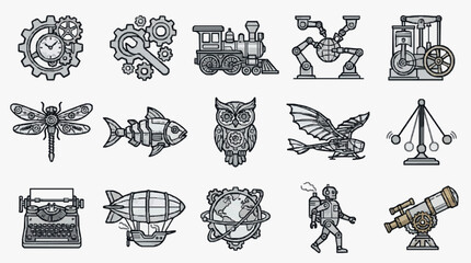 Modern Steampunk Themed Icons Collection in Monochromatic Line Art Style with high quality professional line art symbols for modern creative design and digital branding projects © Junita