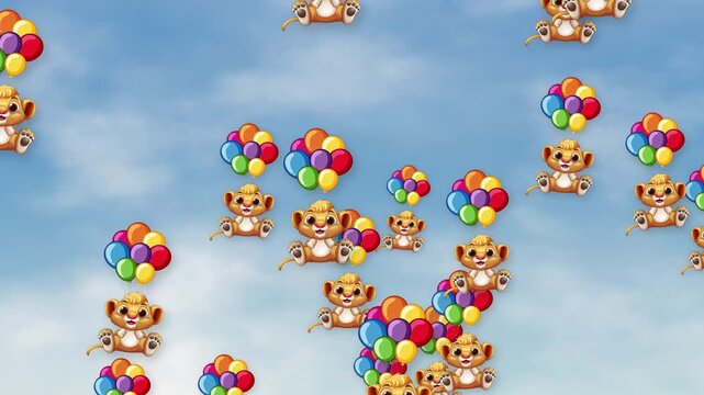 Cartoon Tiger Cubs Floating with Colorful Balloons in Cloudy Blue Sky