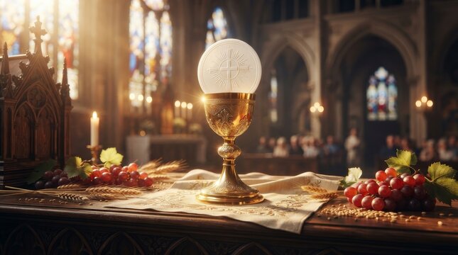 Sacred Eucharist worship featuring a golden chalice, unleavened wafer, and red grapes for a religious ritual.
