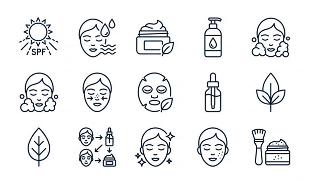 Premium skincare routine outline vector icon pack with sunscreen moisturizer and cosmetic care