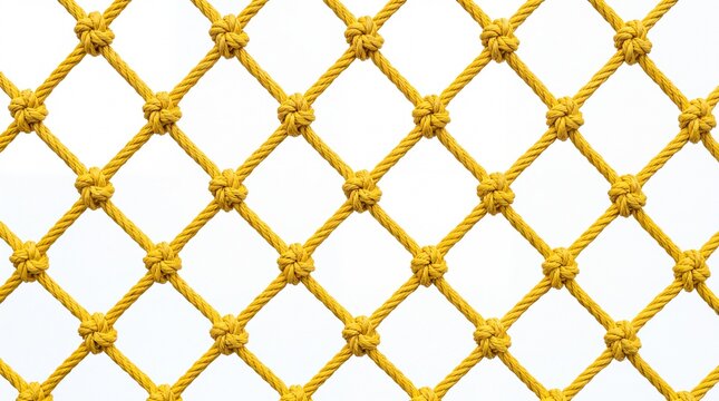 Bright yellow textured rope net with diamond patterns and sturdy knots displayed on white background