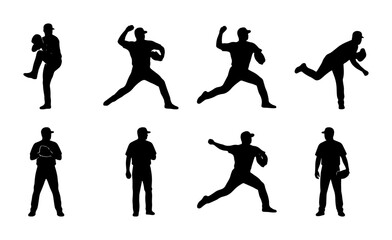 Obraz premium Baseball Pitcher Silhouettes Collection, Dynamic Action Poses, Athlete Vector Graphics, Sports Illustration Set