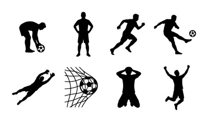 Soccer Player Silhouettes Collection: Action Poses, Goalkeeper Save, Goal Celebration, Football Game Icons © Nijam
