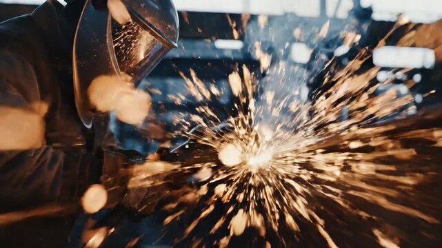 Metalworker grinding steel beam with flying sparks