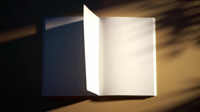 Open blank book with empty pages bathed in soft light and dappled shadows, ideal for note-taking, journaling, or storytelling backgrounds