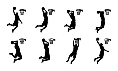 Basketball Dunk Silhouettes, Dynamic Player Poses, Athletic Sports Action Vector Set, Graphic Elements for Game Promotion © Nijam