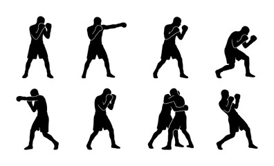 Obraz premium Boxing Silhouette Icons Set, Fighter Action Poses Collection, Martial Arts Combat Sport Graphics, Dynamic Punching and Grappling Vector Illustrations