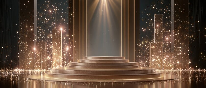 Luxury podium with golden lights and glitter