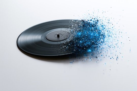 Vinyl record disintegrating into blue particles
