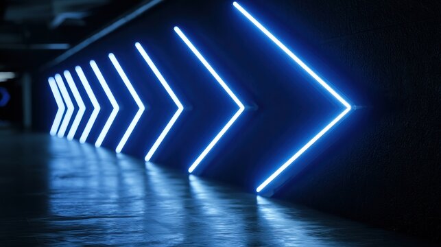 Blue neon arrows on dark wall futuristic tunnel