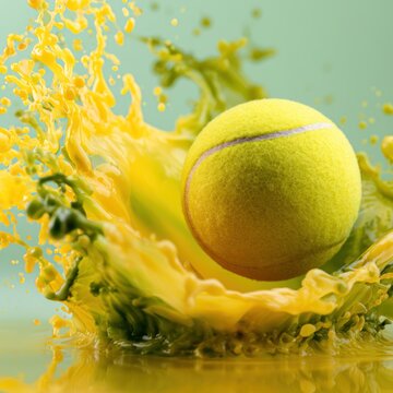Tennis ball splashing in yellow liquid