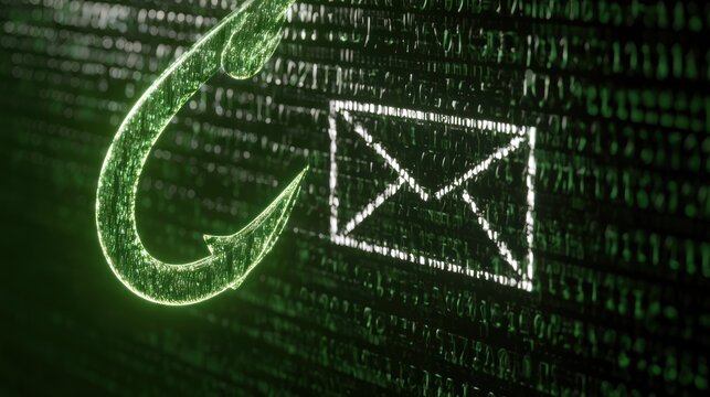 Phishing hook over email icon on digital background