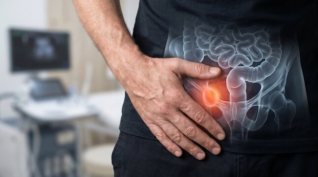 Man Suffering from Painful Inguinal Hernia with Anatomical Overlay Highlighting Groin Hernia