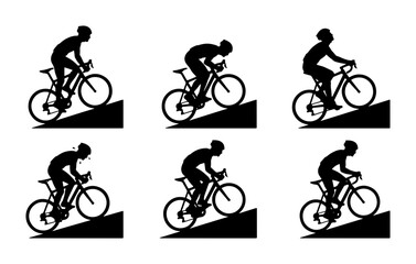 Obraz premium Cyclist Silhouette Set, Bicycle Rider Poses, Downhill Cycling Action, Sport Vector Graphics, Dynamic Movement Illustrations