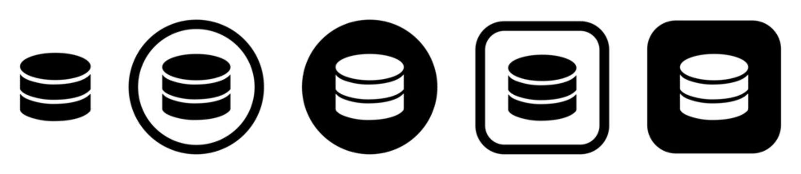 Database icon set in outline, solid circle and square styles. Data storage icons for servers, cloud databases, web and mobile interfaces, software applications and admin dashboards. 