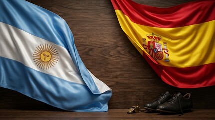 Obraz premium Argentina vs Spain Football Match Flags and Soccer Cleats on Wooden Background, International Football Championship Stadium Match Background