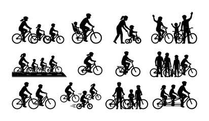 Family Cycling Silhouettes: Diverse Groups Riding Bicycles, Parents with Children, Tandem Bikes, Vector Collection for Lifestyle and Recreation Themes © Lima