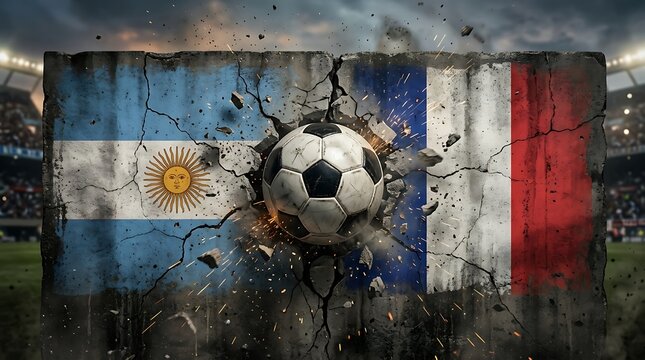 Argentina vs France soccer ball breaking through wall in stadium, International Football Championship Stadium Match Background