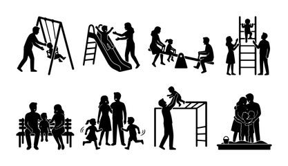 Family Playground Silhouettes: Diverse Activities, Children Playing, Parents Watching, Outdoor Recreation, Vector Set