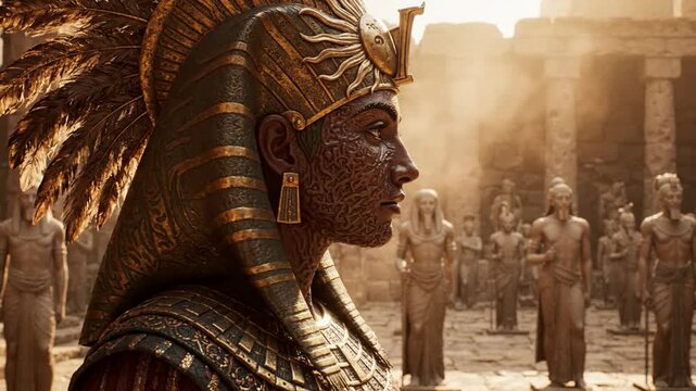 Egyptian pharaoh in golden headdress standing in ancient temple hall with stone statues, cinematic historical drama scene
