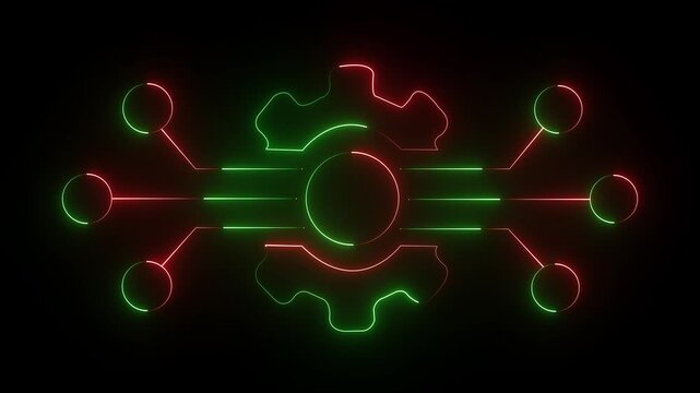 glowing red and green neon outline of overlapping two interlocking gears on  black background. 