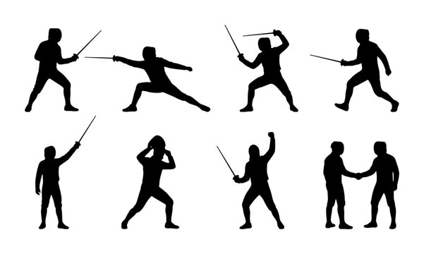 Fencing Silhouettes, Sword Fighting Poses, Sport Action, Athlete Figures, Combat Duel, Martial Arts, Sports Competition, Athletic Training, Vector Set