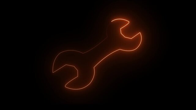 Wrench. Linear, thin outline. Orange neon style on black background.4k video