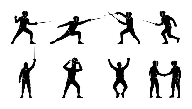 Fencing Silhouettes Set, Athletic Poses Vector Collection, Sports Action Figures, Martial Arts Combat, Competitive Duel, Victory Celebration, Business Handshake, Dynamic Poses