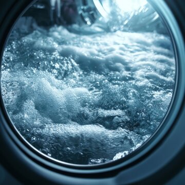 Washing machine interior with swirling water and foam