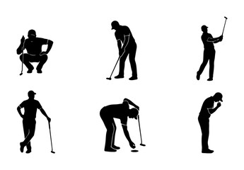 Fototapeta premium Golf Player Silhouettes, Dynamic Poses Vector Set, Sports Action Icons, Black and White Graphic Elements for Athletic Design