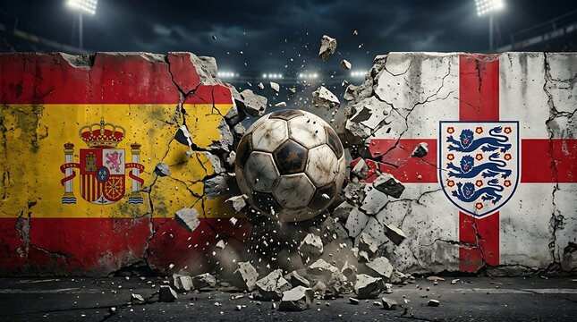 Soccer ball bursting through wall with Spanish and English flags, International Football Championship Stadium Match Background