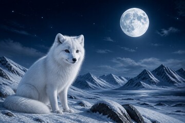 Fototapeta premium Arctic fox sitting on snowy tundra beneath full moon