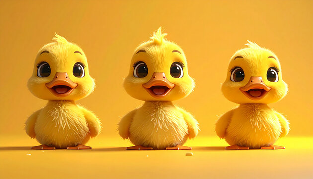 Adorable cartoon duck character close-up with large expressive eyes on a bright yellow background