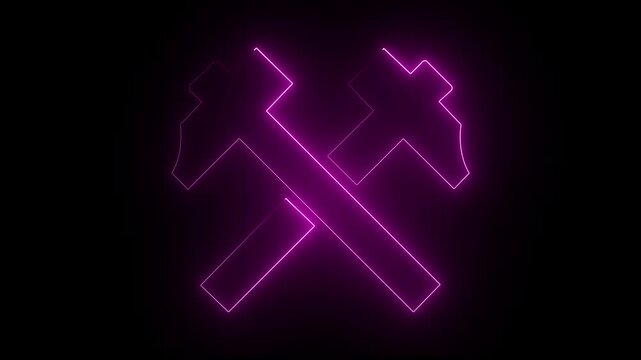 Glowing neon line hammer icon animation. Abstract Neon glowing line hammer and Crossed icon 4k animation video,,,