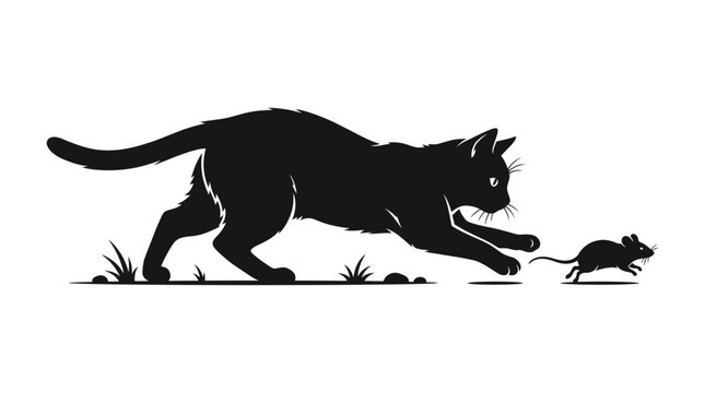 Cat And Mouse Silhouette Against A White Background
