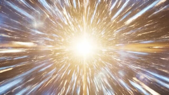 Cinematic hyperspace jump through a blue starfield tunnel towards a bright golden light source