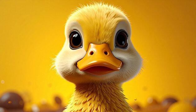 Cute Cartoon Duck Face Close Up on Yellow Background with Big Eyes