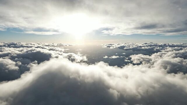 Aerial view above clouds with golden sunlight horizon, cinematic sky background, for travel and, inspiration, altitude flight perspective