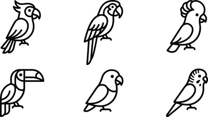 Exotic Parrots and Tropical Avian Species Line Icon Set with Cockatiel, Macaw, Cockatoo, Toucan, Lovebird, and Budgerigar Symbols for Wildlife Designs © Ashik 