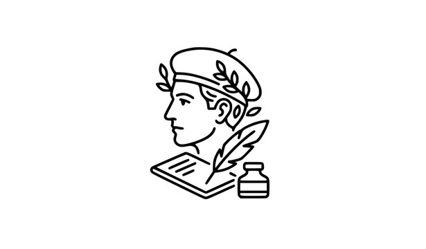 Poet Black Line Icon Vector with Quill Pen Book and Creative Writing Outline Symbol