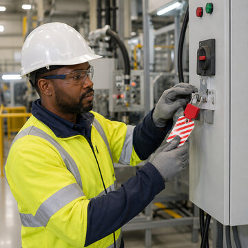 Factory technician applying lockout tagout padlock for energy isolation and machine safety