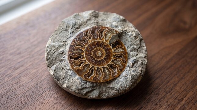 Polished ammonite fossil shell on a textured wooden background